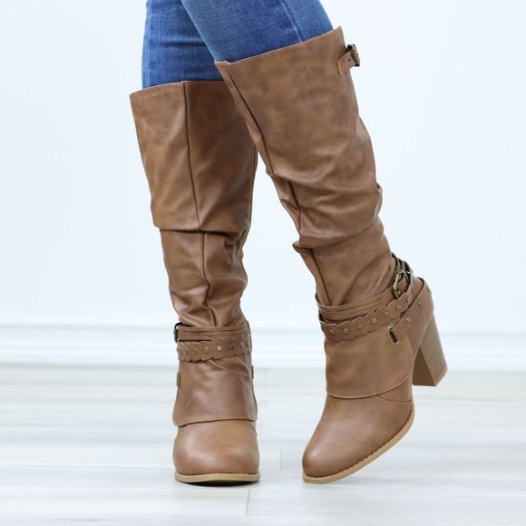 Motorcycle Heeled Boots For Rocker Biker Girls Below The Knee Tan Faux Leather - Picture 10 of 15